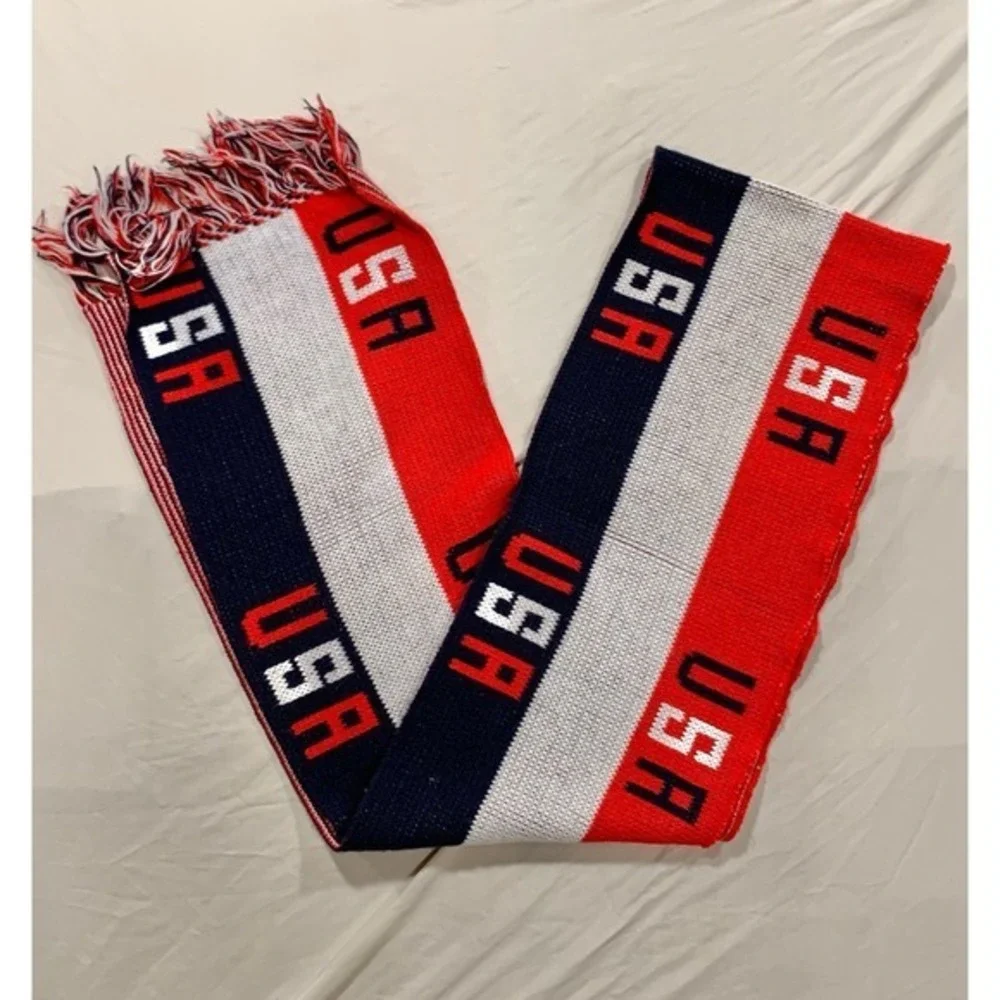Vintage USA Knit Scarf 7ft Patriotic Red White Blue Knitmakers Made in USA
